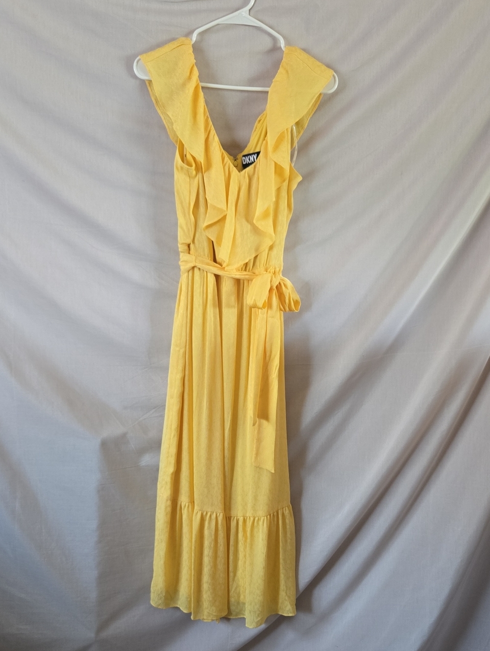 Dkny Yellow Ruffle V-Neck Tie-Waist Maxi Dress